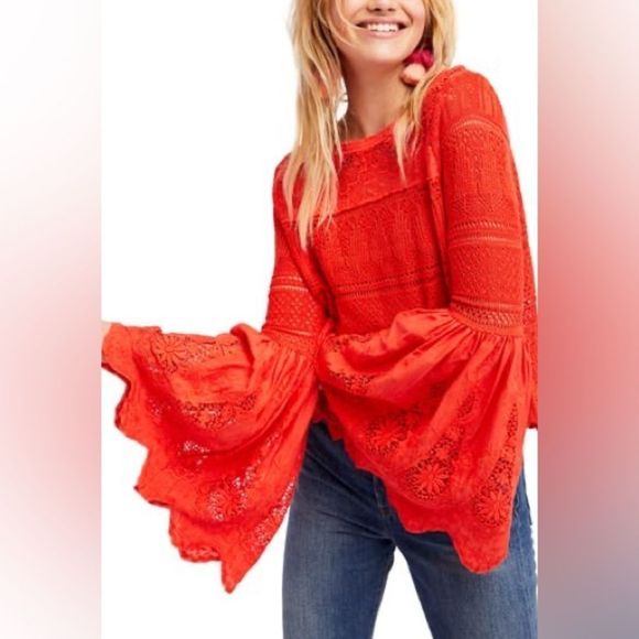 Free People Red Lace Bell Sleeve Top - Picture 1 of 15